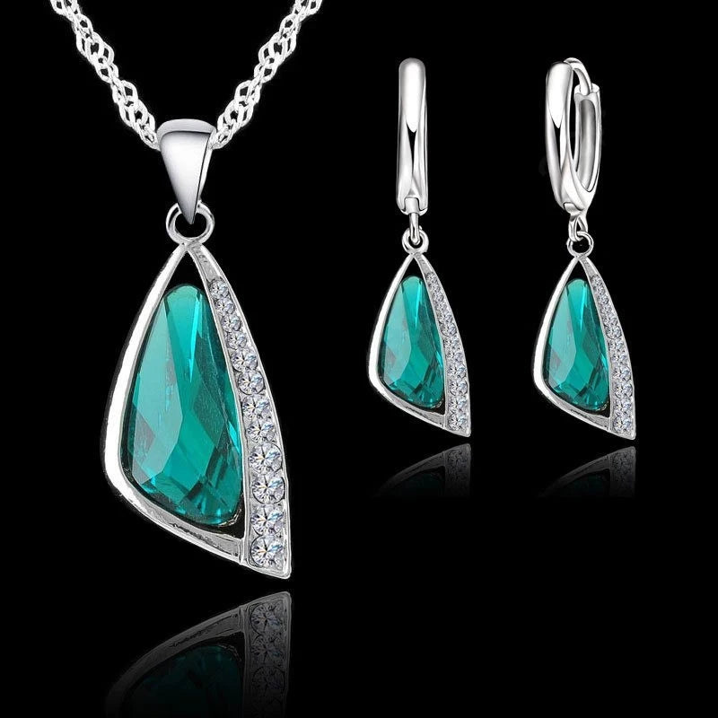 Promotion 925 Sterling Silver Color Jewelry Set Geometric Austrian Crystal Rhinestone Necklace Earring Women Wedding Engagment