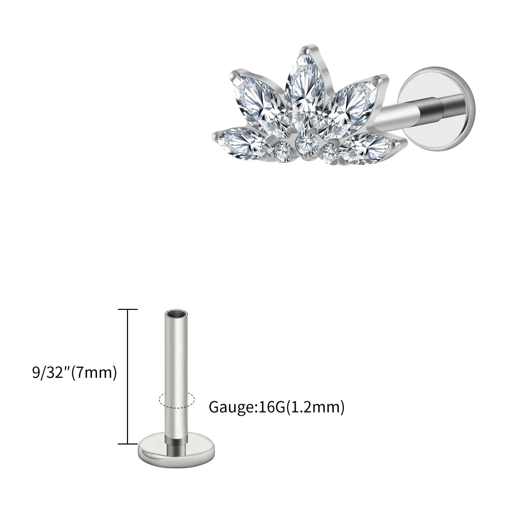 Right Grand ASTM F136 Titanium 16G Marquise Lotus CZ Flower Flat Back Stud Labret Tragus Helix Cartilage Conch Earring Piercing