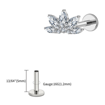 Right Grand ASTM F136 Titanium 16G Marquise Lotus CZ Flower Flat Back Stud Labret Tragus Helix Cartilage Conch Earring Piercing