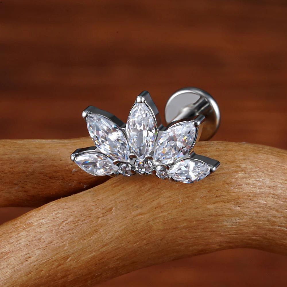 Right Grand ASTM F136 Titanium 16G Marquise Lotus CZ Flower Flat Back Stud Labret Tragus Helix Cartilage Conch Earring Piercing