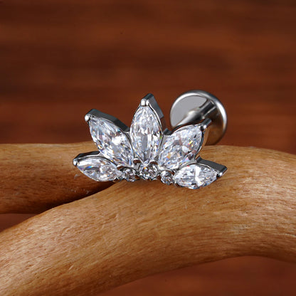 Right Grand ASTM F136 Titanium 16G Marquise Lotus CZ Flower Flat Back Stud Labret Tragus Helix Cartilage Conch Earring Piercing