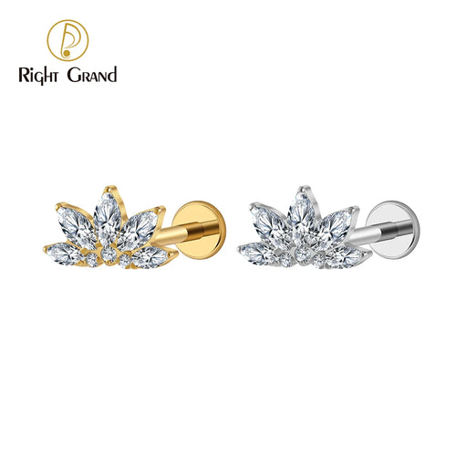 Right Grand ASTM F136 Titanium 16G Marquise Lotus CZ Flower Flat Back Stud Labret Tragus Helix Cartilage Conch Earring Piercing
