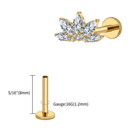 Right Grand ASTM F136 Titanium 16G Marquise Lotus CZ Flower Flat Back Stud Labret Tragus Helix Cartilage Conch Earring Piercing