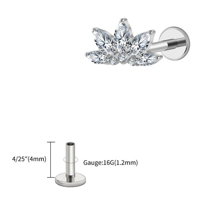 Right Grand ASTM F136 Titanium 16G Marquise Lotus CZ Flower Flat Back Stud Labret Tragus Helix Cartilage Conch Earring Piercing