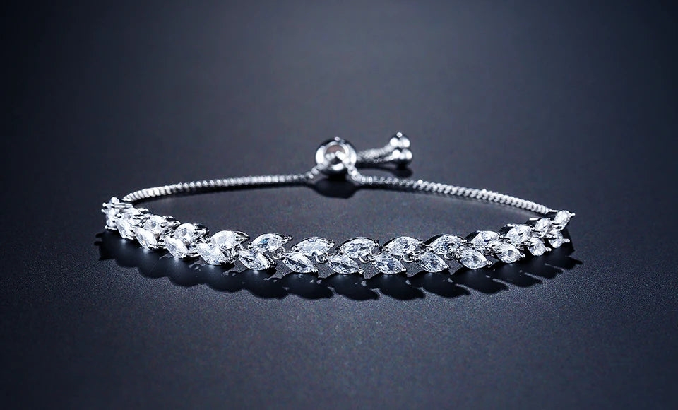 ZAKOL Fashion White Leaf Bracelets Bangles for Women Men Shinny Marquise Cut Cubic Zirconia Bridal Wedding Party Jewelry