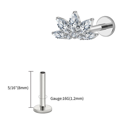 Right Grand ASTM F136 Titanium 16G Marquise Lotus CZ Flower Flat Back Stud Labret Tragus Helix Cartilage Conch Earring Piercing