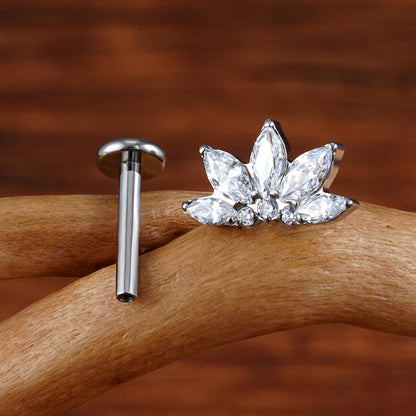 Right Grand ASTM F136 Titanium 16G Marquise Lotus CZ Flower Flat Back Stud Labret Tragus Helix Cartilage Conch Earring Piercing