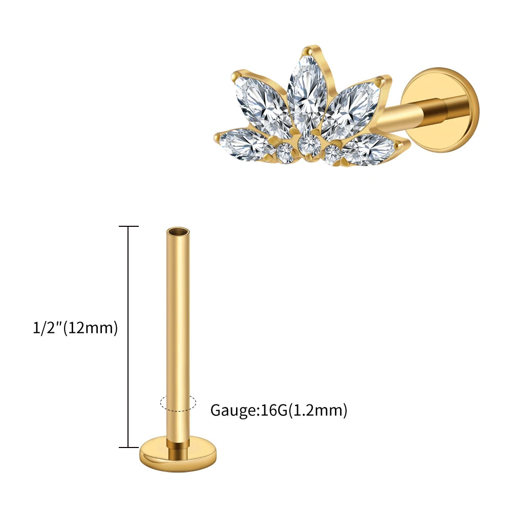 Right Grand ASTM F136 Titanium 16G Marquise Lotus CZ Flower Flat Back Stud Labret Tragus Helix Cartilage Conch Earring Piercing