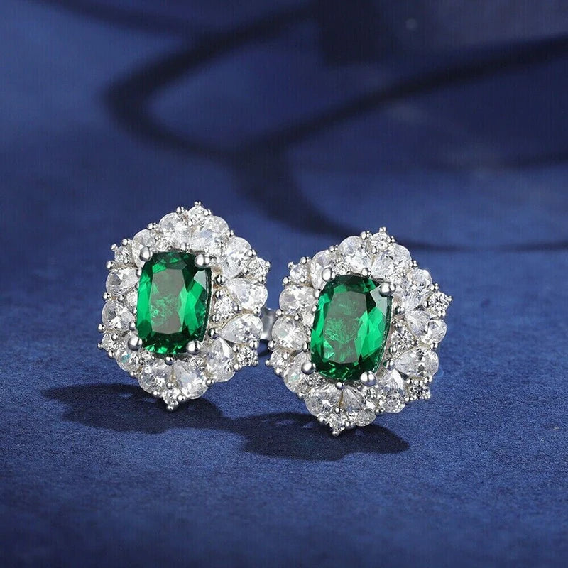 Huitan Modern Fashion Design Green CZ Stud Earrings Temperament Lady Accessories Wedding Party Silver Color Jewelry for Women
