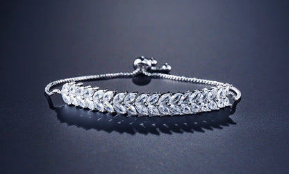 ZAKOL Fashion White Leaf Bracelets Bangles for Women Men Shinny Marquise Cut Cubic Zirconia Bridal Wedding Party Jewelry