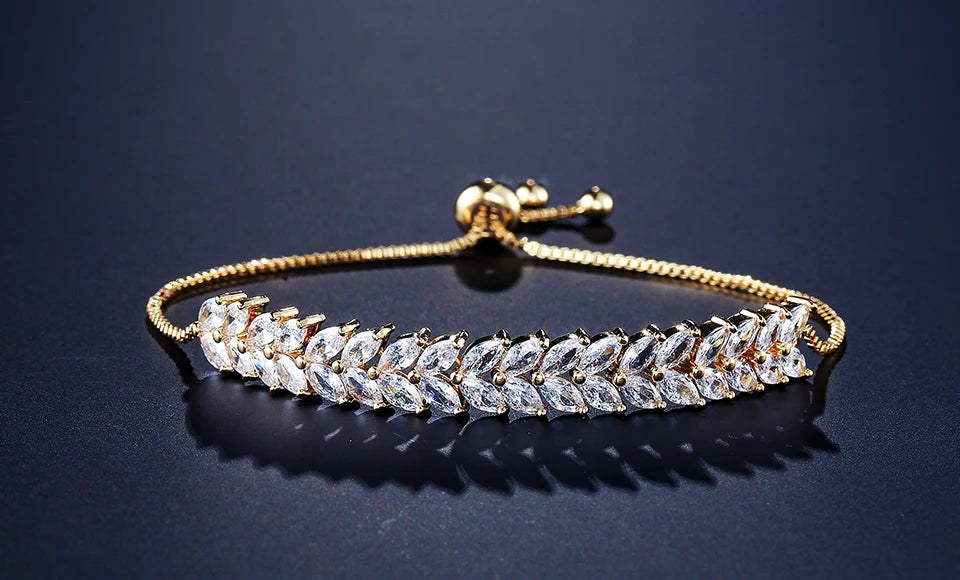 ZAKOL Fashion White Leaf Bracelets Bangles for Women Men Shinny Marquise Cut Cubic Zirconia Bridal Wedding Party Jewelry