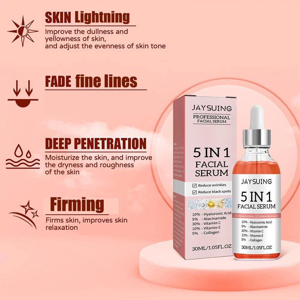 Suero facial reafirmante 5 en 1 que difumina las líneas finas, hidratante, iluminador, con vitamina C y ácido hialurónico, reduce los poros y cuida la piel.