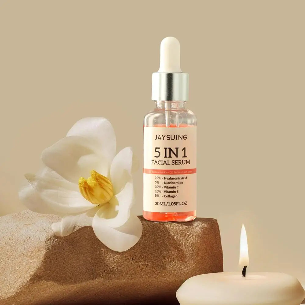 Suero facial reafirmante 5 en 1 que difumina las líneas finas, hidratante, iluminador, con vitamina C y ácido hialurónico, reduce los poros y cuida la piel.