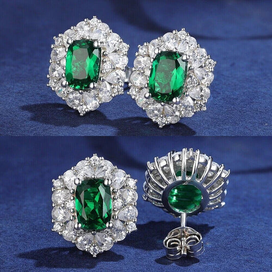 Huitan Modern Fashion Design Green CZ Stud Earrings Temperament Lady Accessories Wedding Party Silver Color Jewelry for Women