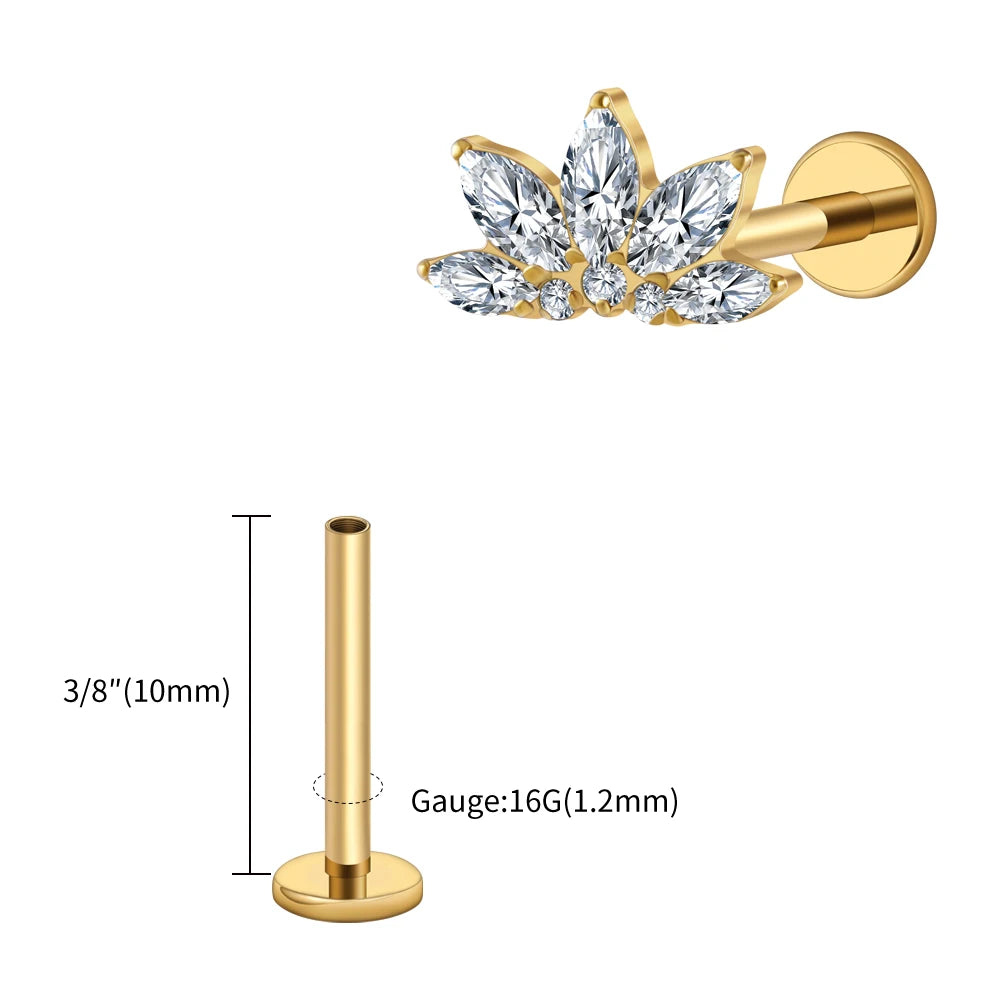 Right Grand ASTM F136 Titanium 16G Marquise Lotus CZ Flower Flat Back Stud Labret Tragus Helix Cartilage Conch Earring Piercing