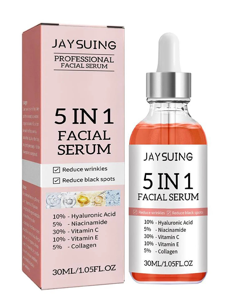Suero facial reafirmante 5 en 1 que difumina las líneas finas, hidratante, iluminador, con vitamina C y ácido hialurónico, reduce los poros y cuida la piel.