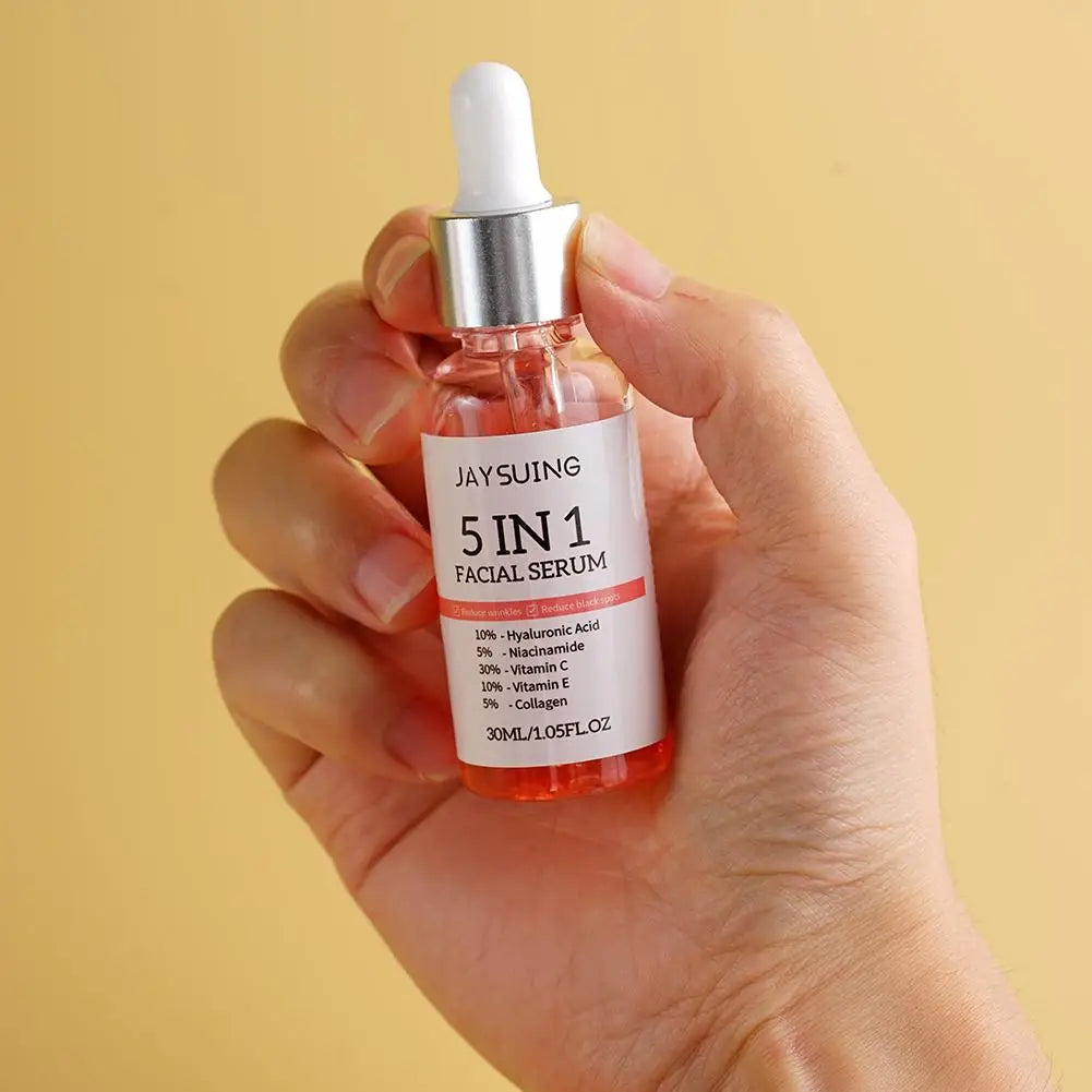 Suero facial reafirmante 5 en 1 que difumina las líneas finas, hidratante, iluminador, con vitamina C y ácido hialurónico, reduce los poros y cuida la piel.