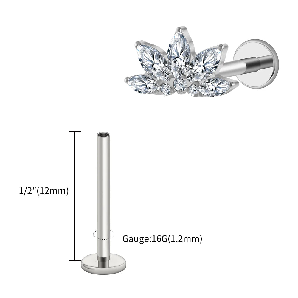 Right Grand ASTM F136 Titanium 16G Marquise Lotus CZ Flower Flat Back Stud Labret Tragus Helix Cartilage Conch Earring Piercing