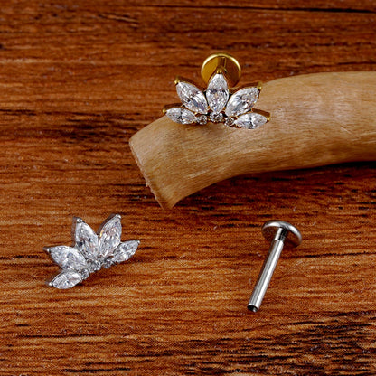 Right Grand ASTM F136 Titanium 16G Marquise Lotus CZ Flower Flat Back Stud Labret Tragus Helix Cartilage Conch Earring Piercing