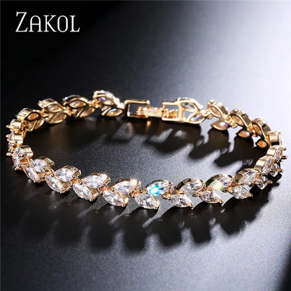 ZAKOL Fashion White Leaf Bracelets Bangles for Women Men Shinny Marquise Cut Cubic Zirconia Bridal Wedding Party Jewelry