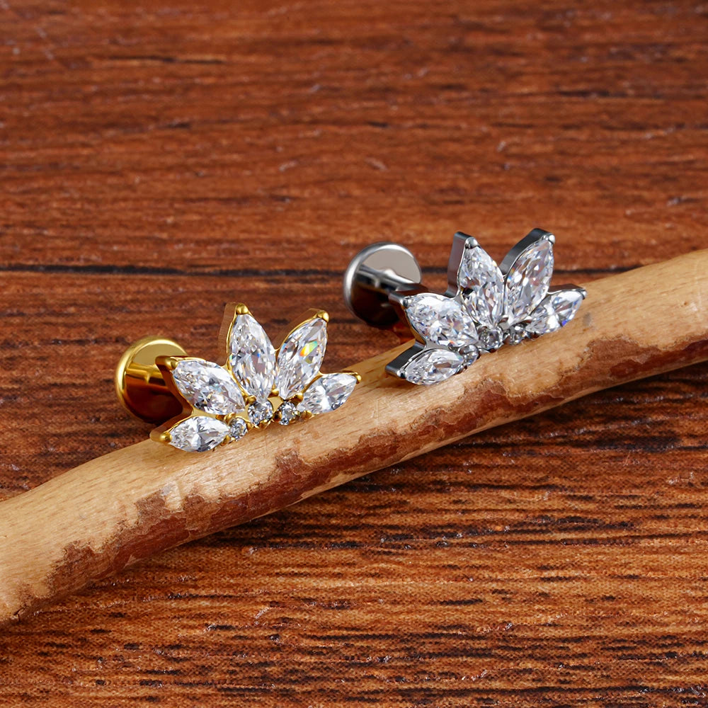 Right Grand ASTM F136 Titanium 16G Marquise Lotus CZ Flower Flat Back Stud Labret Tragus Helix Cartilage Conch Earring Piercing