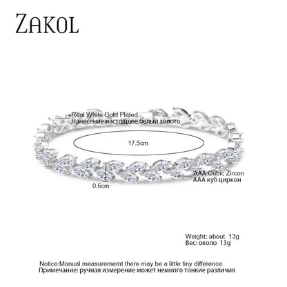 ZAKOL Fashion White Leaf Bracelets Bangles for Women Men Shinny Marquise Cut Cubic Zirconia Bridal Wedding Party Jewelry