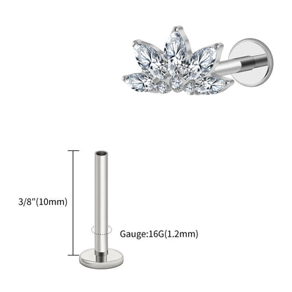 Right Grand ASTM F136 Titanium 16G Marquise Lotus CZ Flower Flat Back Stud Labret Tragus Helix Cartilage Conch Earring Piercing