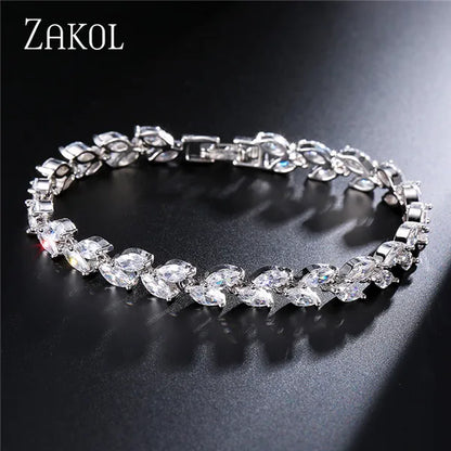 ZAKOL Fashion White Leaf Bracelets Bangles for Women Men Shinny Marquise Cut Cubic Zirconia Bridal Wedding Party Jewelry