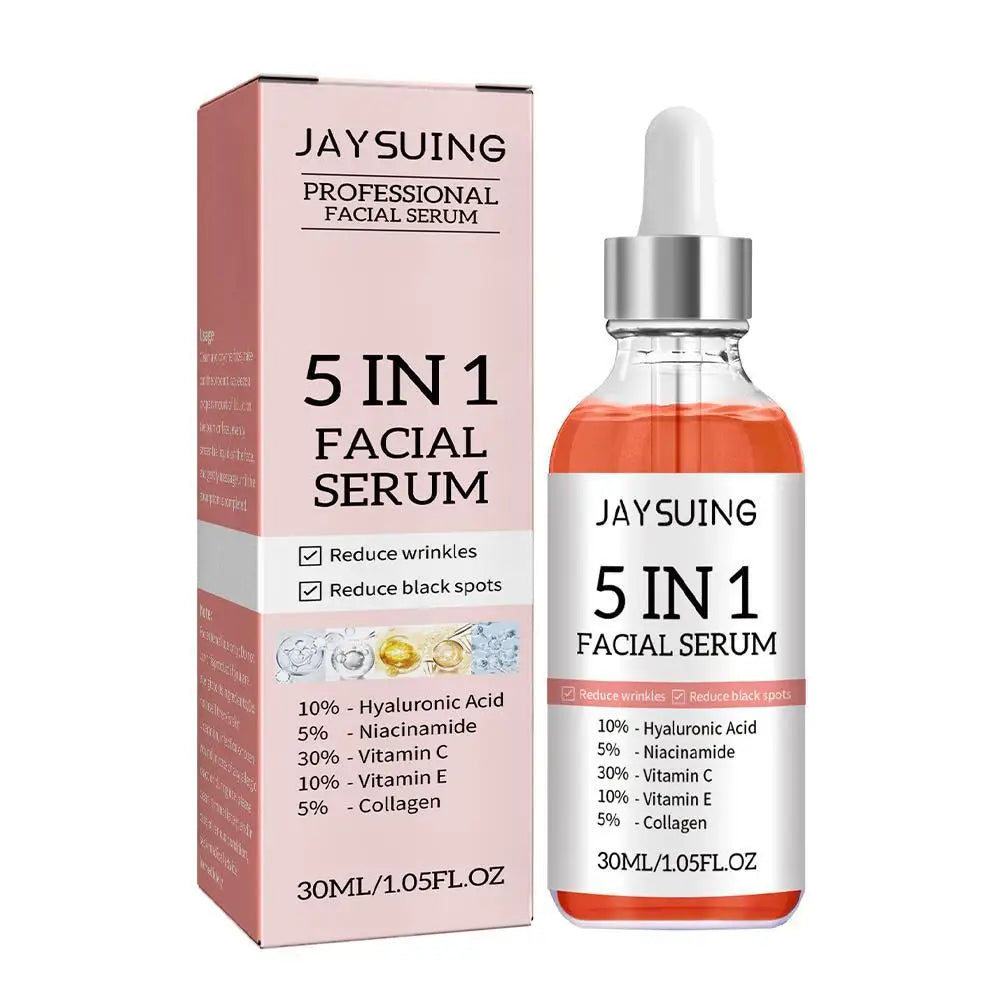 Suero facial reafirmante 5 en 1 que difumina las líneas finas, hidratante, iluminador, con vitamina C y ácido hialurónico, reduce los poros y cuida la piel.