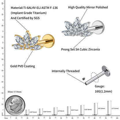Right Grand ASTM F136 Titanium 16G Marquise Lotus CZ Flower Flat Back Stud Labret Tragus Helix Cartilage Conch Earring Piercing