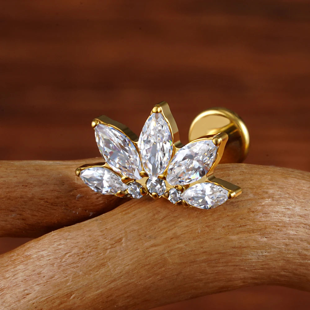 Right Grand ASTM F136 Titanium 16G Marquise Lotus CZ Flower Flat Back Stud Labret Tragus Helix Cartilage Conch Earring Piercing