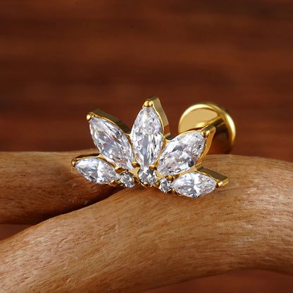 Right Grand ASTM F136 Titanium 16G Marquise Lotus CZ Flower Flat Back Stud Labret Tragus Helix Cartilage Conch Earring Piercing