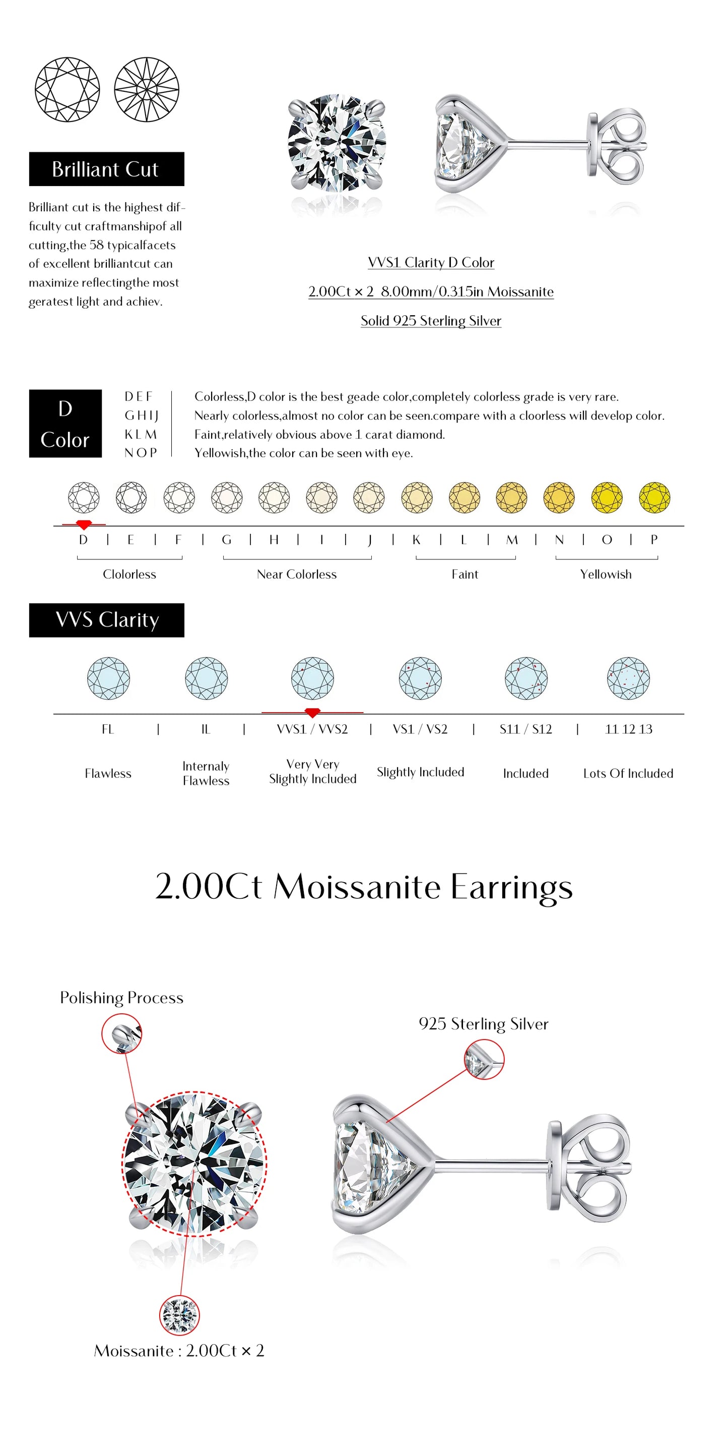 MODIAN 5 Sizes D Color Moissanite Earrings 925 Sterling Silver Sparkling Luxury Stud Earrings For Women Wedding Fine Jewelry