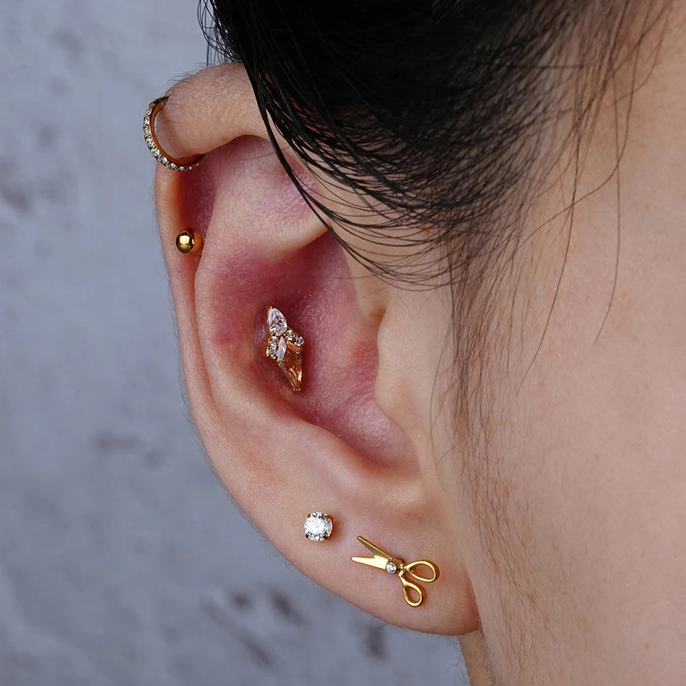 Right Grand ASTM F136 Titanium 16G Marquise Lotus CZ Flower Flat Back Stud Labret Tragus Helix Cartilage Conch Earring Piercing